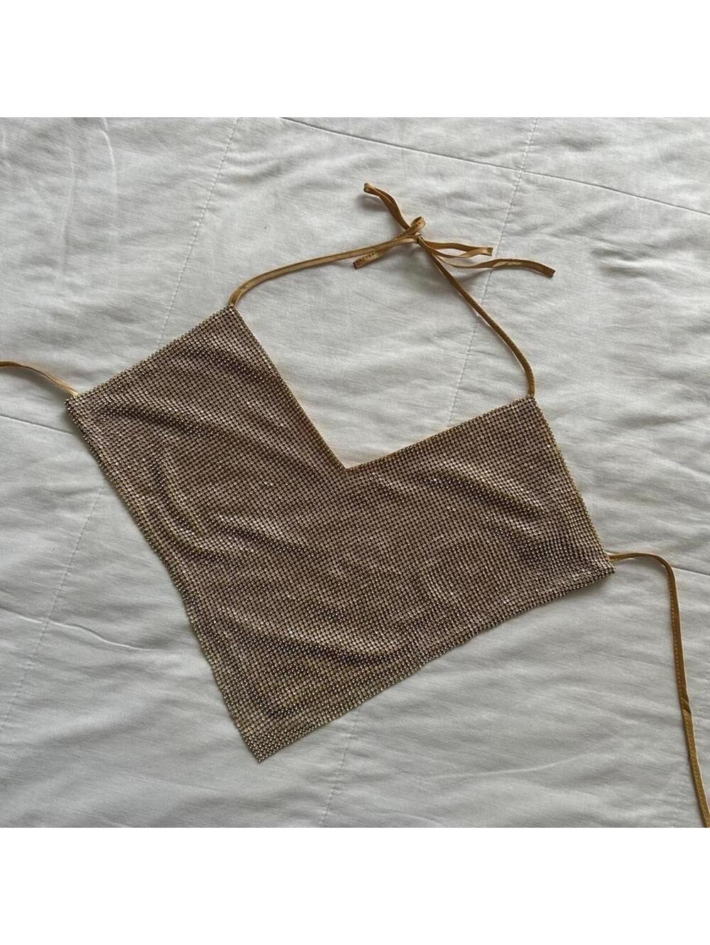 Gold mesh rhinestone halter top with tie neck and tie back - Picture 3 of 6